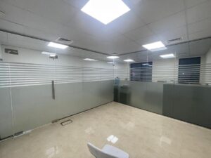 GLASS PARTITION WITH FORSTED GLASS LINED DESIGNS